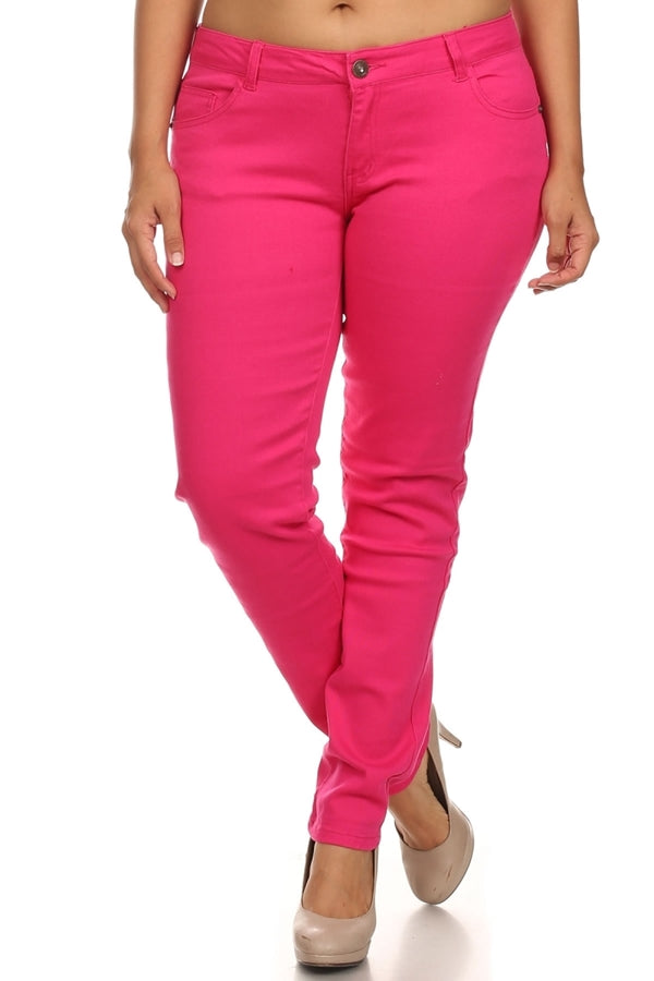 Curvy Women’s Plus Size Solid Skinny Jeans – Cotton Stretch, 5-Pocket Style- Fuchsia