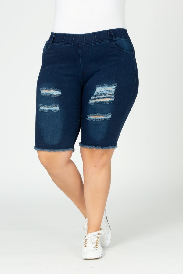 Plus Size Distressed Bermuda Shorts for Women with Stretch Waist & Pockets