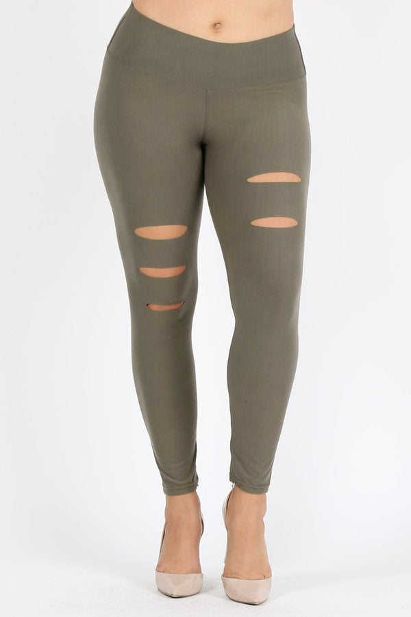 Plus Size juniors woman Ripped High Waist Legging Pants DL-400-OLIVE