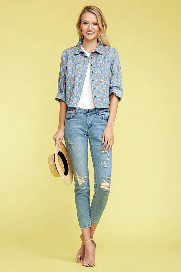 Women's Denim Button Down Floral Crop Top Top DN-165R-DENIM BLUE-1