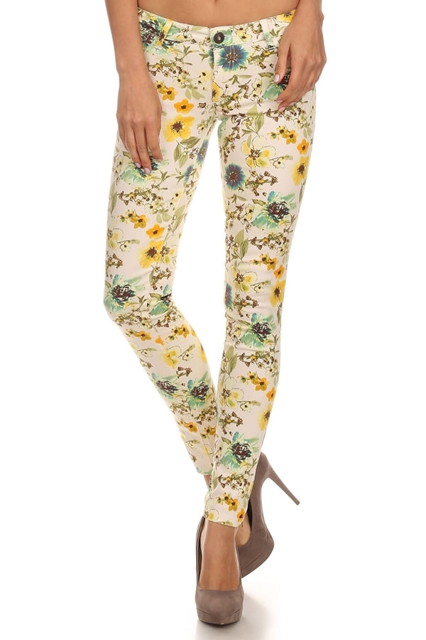 Juniors Floral Print Stretch Pants – Cotton Blend