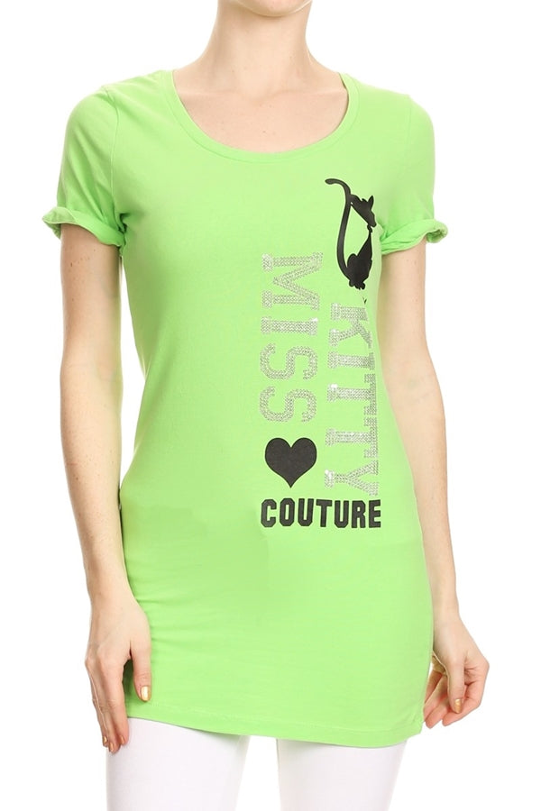 Juniors Long Graphic Tee – Miss Kitty Couture Cat Print Top