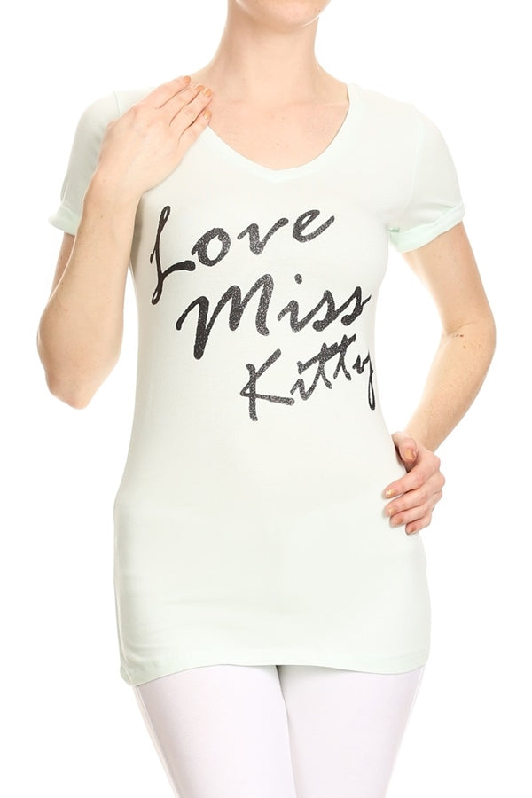 Juniors Graphic Tunic T-Shirt – “Miss Kitty Couture” Long Fitted Tee