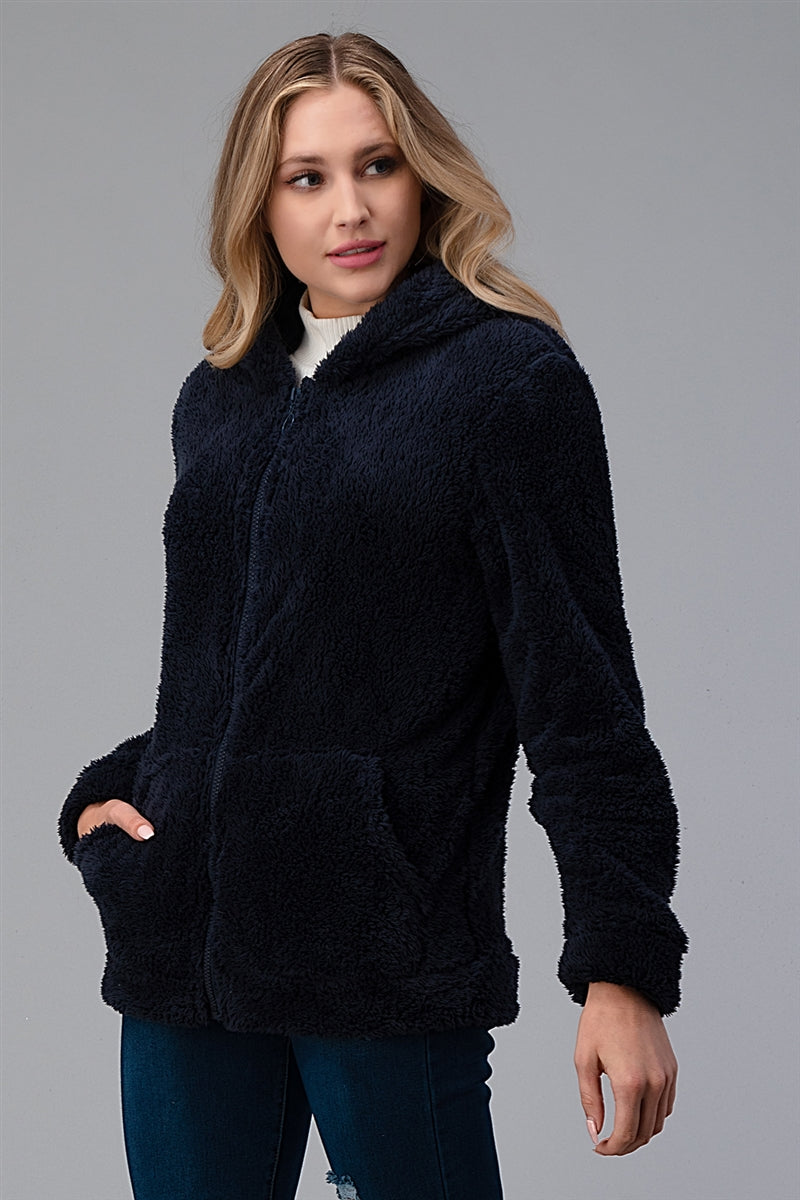 Faux Fur Teddy Bear Zip Up Hoodie Jacket PJJ-003-Navy