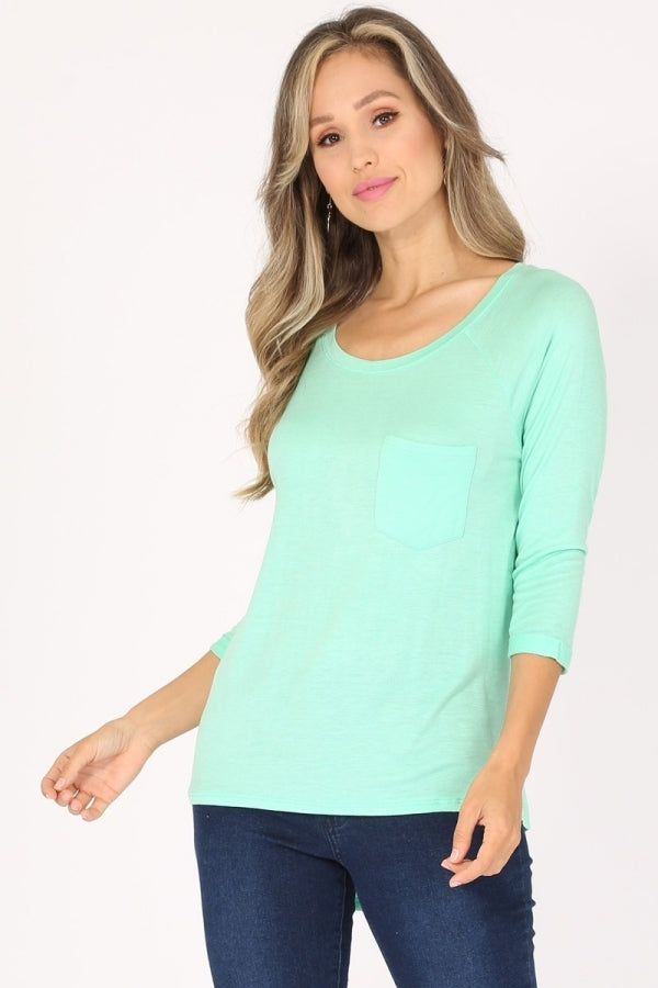 Women's Long Sleeve Chest Pocket Hi Low Top PRR-8404-Mint