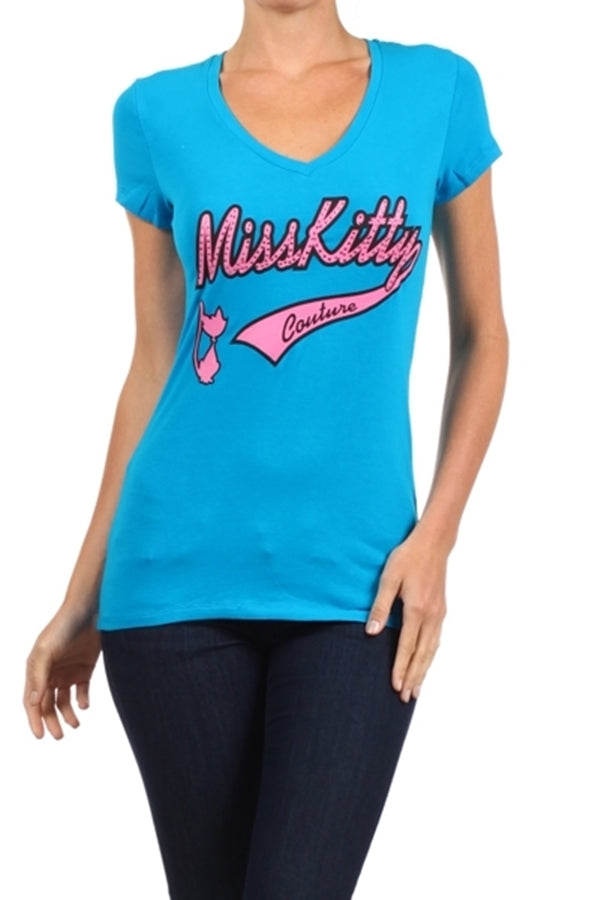 Miss Kitty Couture juniors cotton stretch cat print trendy fashion T-shirt