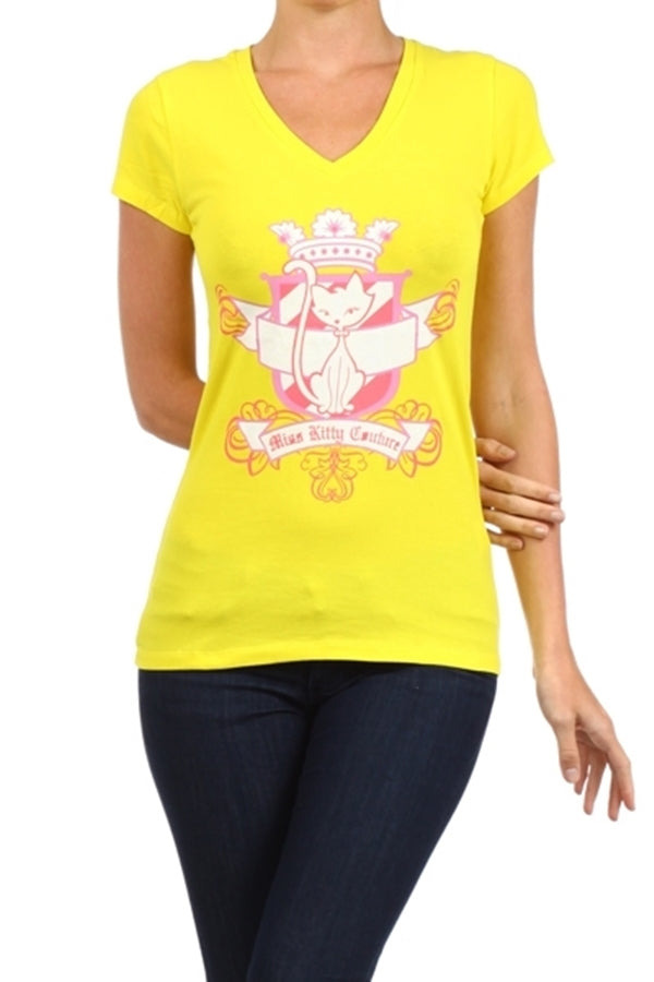 Soft cotton stretch juniors tee with Miss Kitty Couture cat design