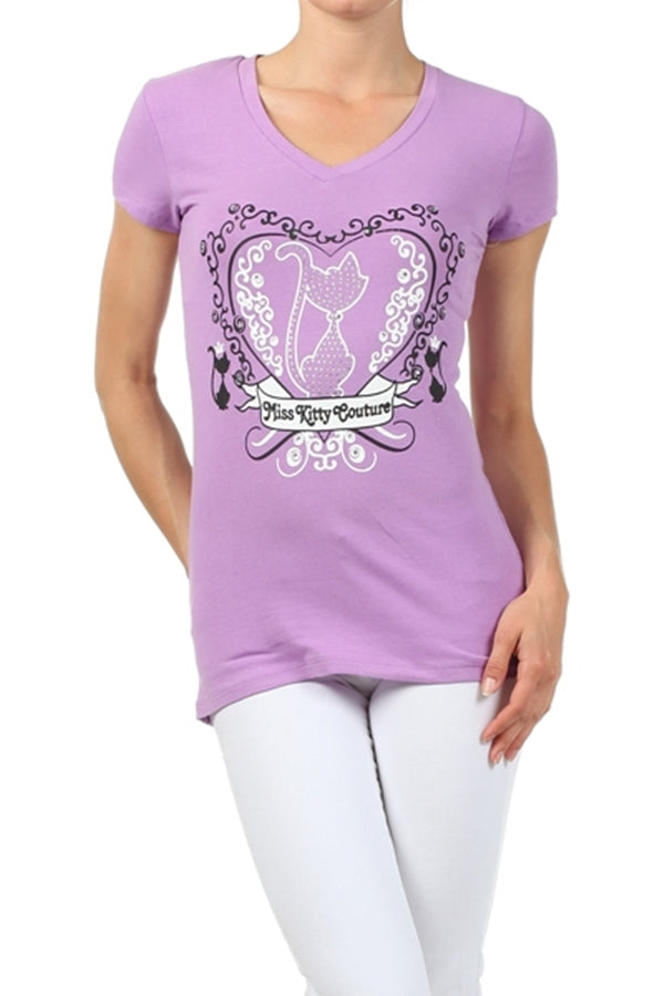 Juniors cotton stretch T-shirt with stylish cat graphic