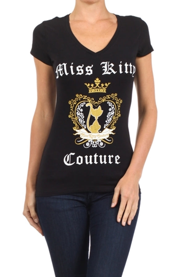 Miss Kitty Couture juniors cotton stretch shirt with cat motif