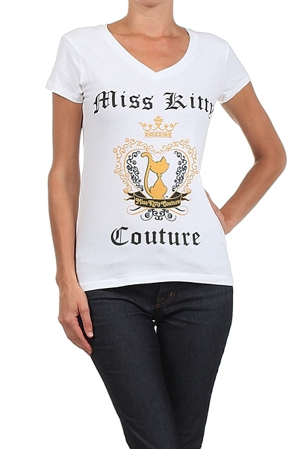 Close-up of cat print design on juniors cotton stretch T-shirt