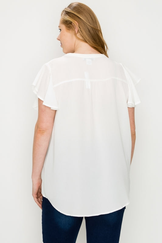 Women’s Plus Size Tie-Front Keyhole Blouse – Lightweight Flutter Sleeve Top