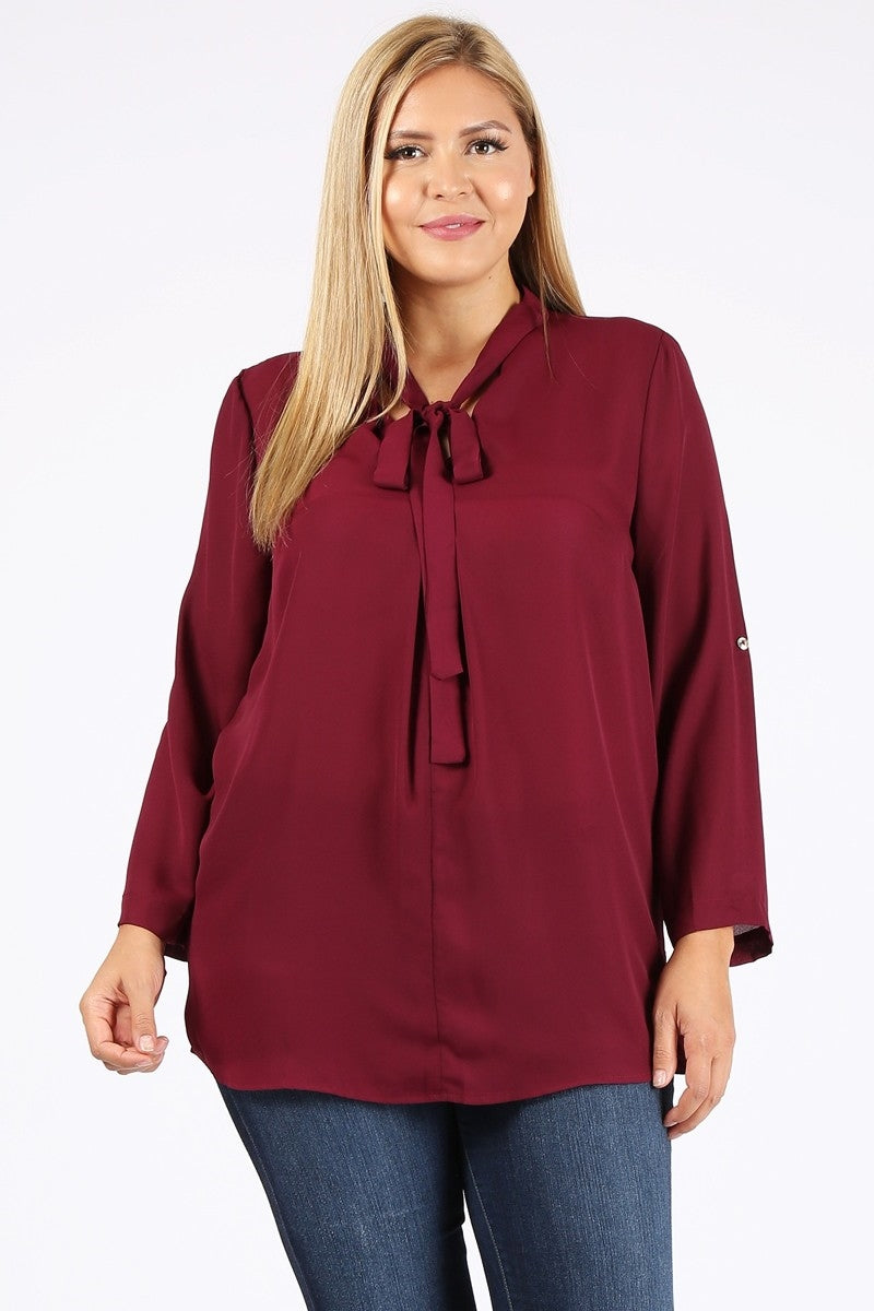 Women's Plus Size Wool Dobby Top – Roll-Tab Sleeve Casual Blouse