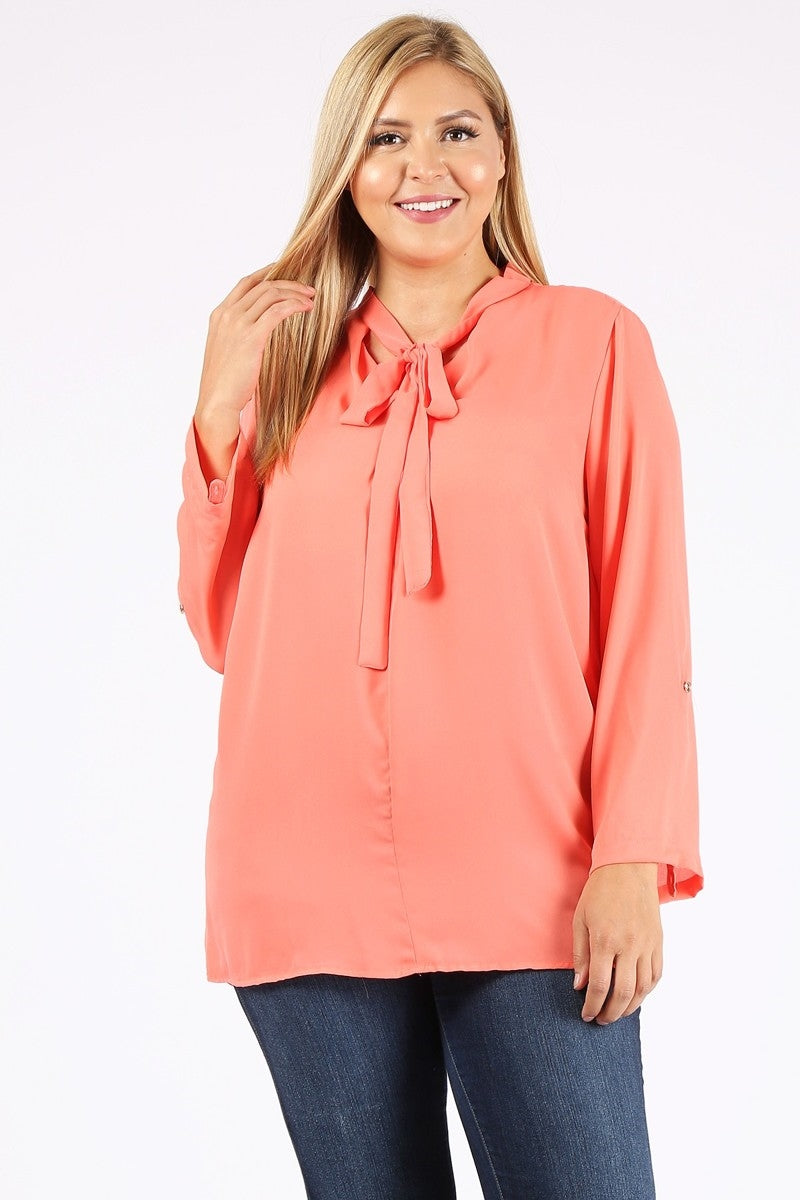 Women's Plus Size Roll-Tab Sleeve Wool Dobby Top – Flowy Casual Tunic Blouse