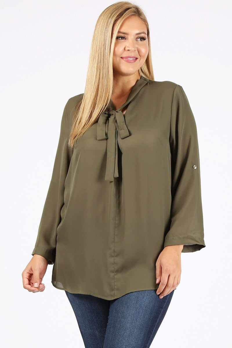 Comfortable Women's Plus Size Wool Dobby Top – Lightweight Roll-Tab Sleeve Casual Wear