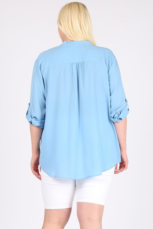 Women's Plus Size 3/4 Sleeve Henley Blouse – Wool Dobby Casual Tunic Top