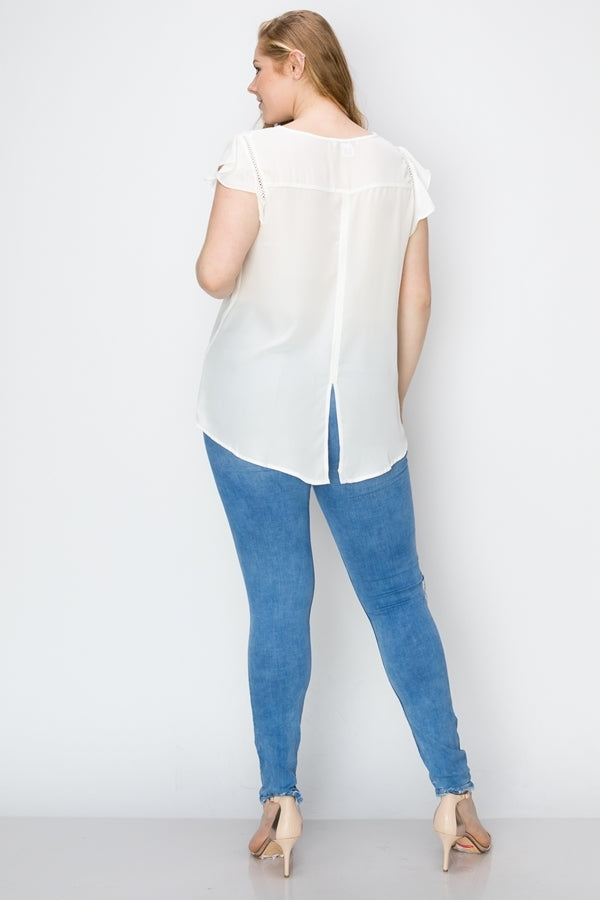 Women's Plus Size Wool Dobby Top – Short Sleeve Casual Blouse