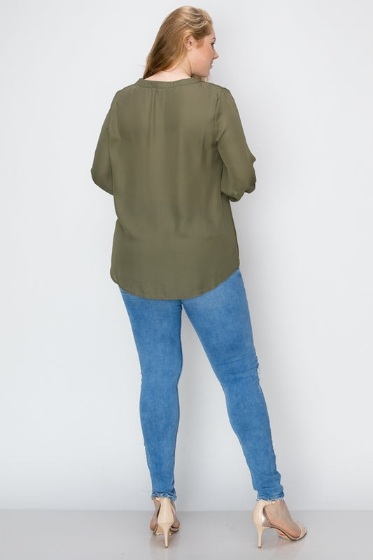 Women's Plus Size Wool Dobby Henley Blouse – 3/4 Sleeve Casual Top