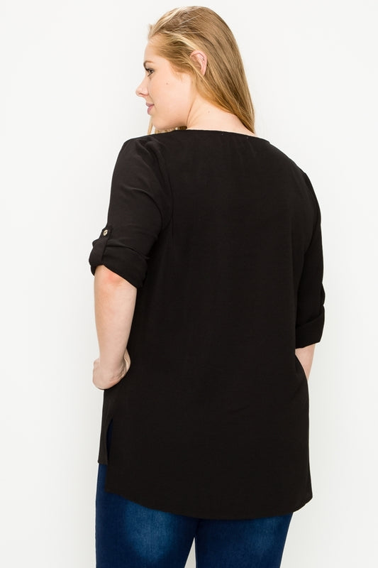Women's Plus Size Koshibo Roll-Tab Sleeve Tunic – Flowy Casual Blouse Top