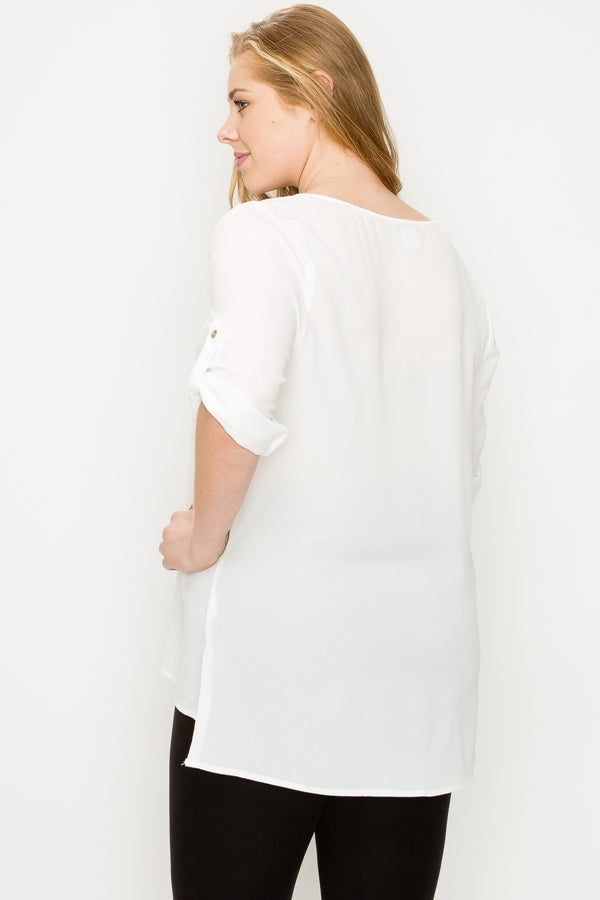 Women's Plus Size Koshibo Roll-Tab Sleeve Top – Lightweight Casual Blouse