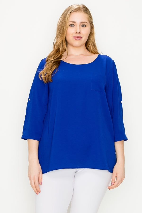 Women's Plus Size Koshibo Roll-Tab Sleeve Blouse – Lightweight Casual Top