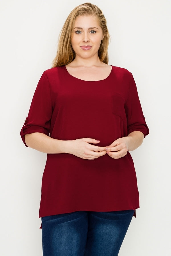 Elegant Women's Plus Size Koshibo Top – Roll-Tab Sleeve Casual Blouse