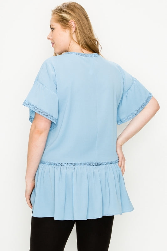 Plus Size Crochet Ruffled Koshibo Top – Women's Short Sleeve Tunic Style