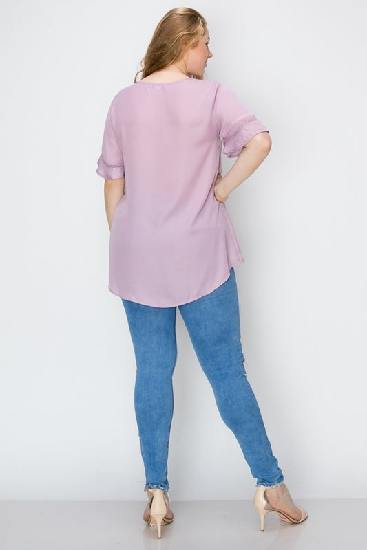Women's Plus Size Wool Dobby Pintuck Hi-Low Tunic – Short Sleeve Blouse