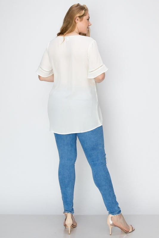 Women's Plus Size Wool Dobby Pintuck Hi-Low Tunic – Short Sleeve Casual Top