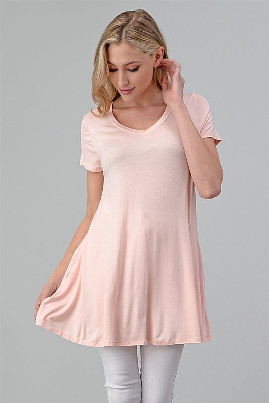 Cap Sleeve Solid Hue Tunic with side pockets beige