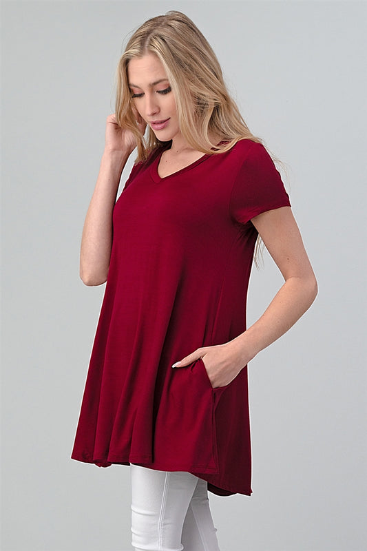 Cap Sleeve Solid Hue Tunic with side pockets burgundy