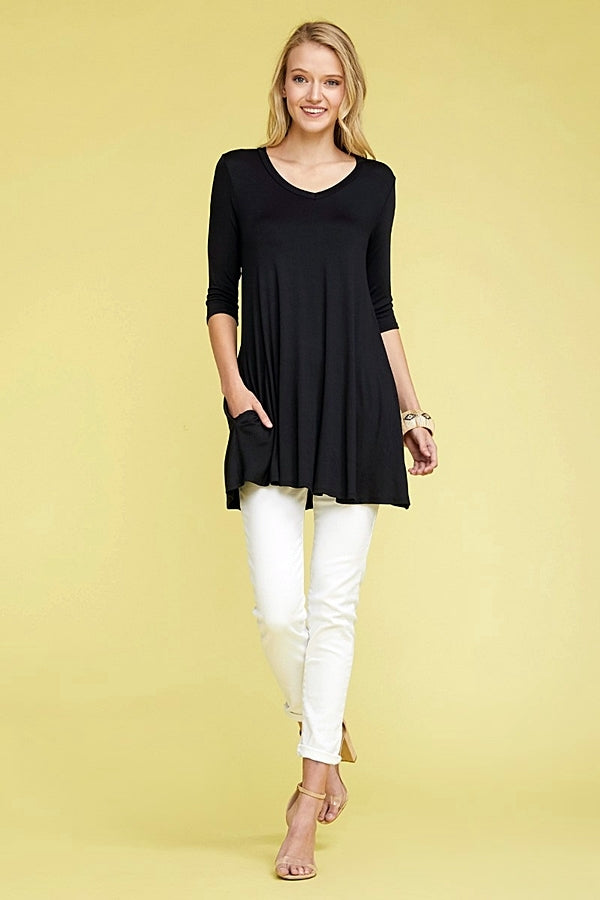 women v-neck 3/4 sleeve tunic with side pockets