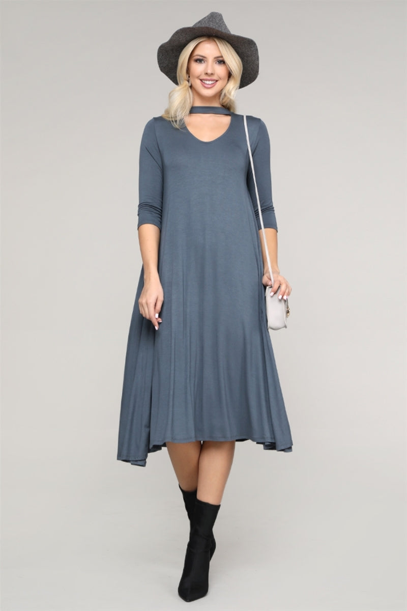 Fashion-forward charcoal A-line dress with choker collar and soft, flowy fabric