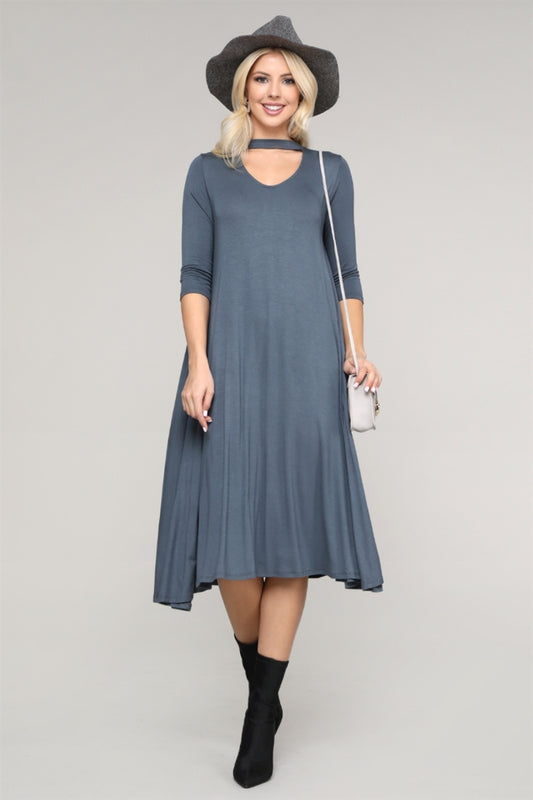Fashion-forward charcoal A-line dress with choker collar and soft, flowy fabric