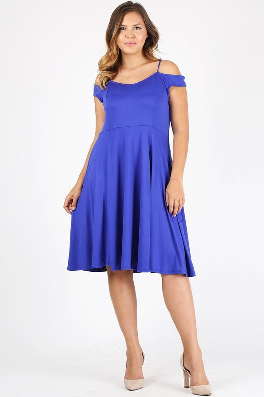 Plus size woman wearing royal blue off-shoulder fit and flare cocktail dress