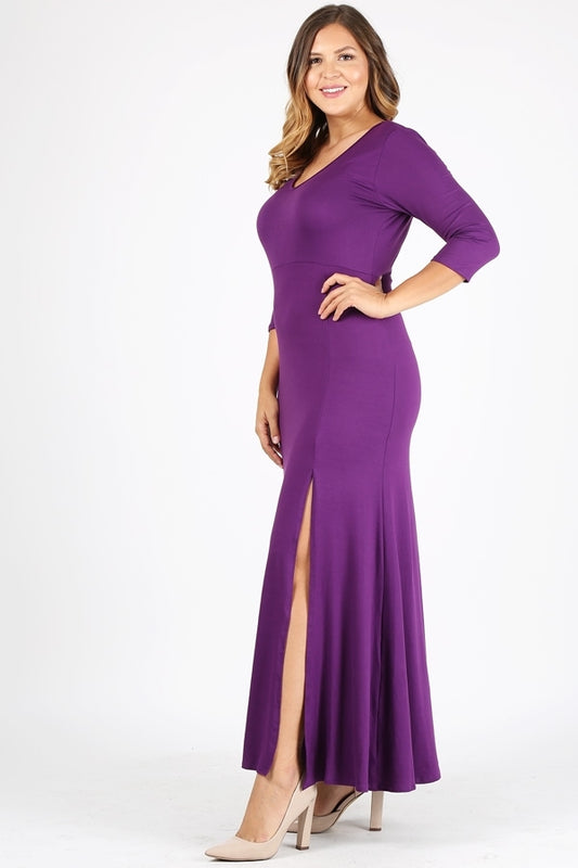 plus size women v-neck maxi dress with side slit