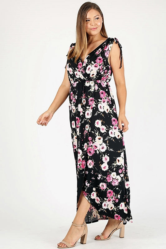 plus size faux wrap floral print maxi dress for women