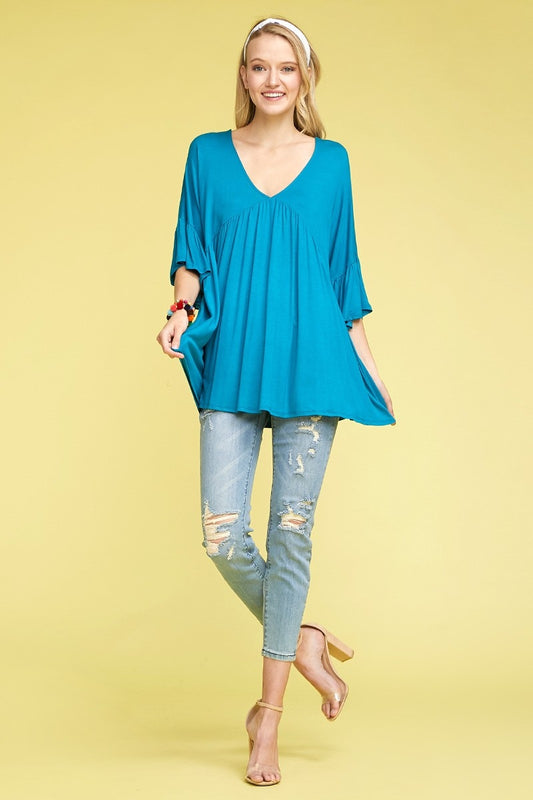 BELL SLEEVES PLEATED V-NECK TOP 4018-TEAL