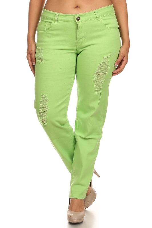 Plus Size Cotton Stretch Solid Jeans for Women – Skinny Fit distressed -Lime