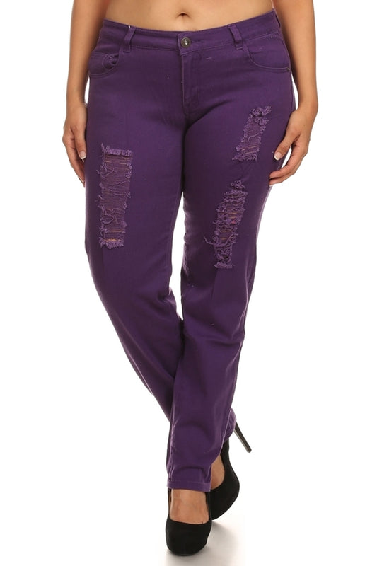 Women’s Plus Size Solid Color Skinny Jeans – Distressed with 5 Pockets-Purple
