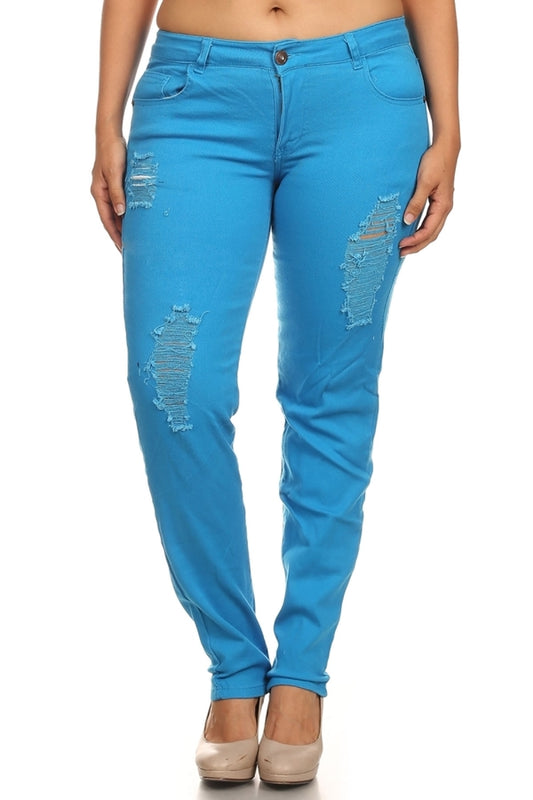 Plus Size woman Distressed Solid Skinny Jeans – Soft Cotton Stretch & Pockets - Turquoise
