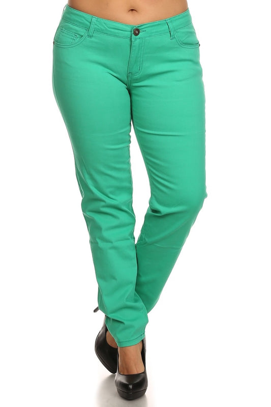 Women’s Plus Size Solid Hue Cotton Skinny Jeans – Stretch Fit, 5 Pockets -GREEN