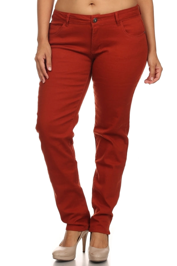 Plus Size Solid-Hue Cotton Stretch Skinny Jeans for Women with 5 Pockets - Rust