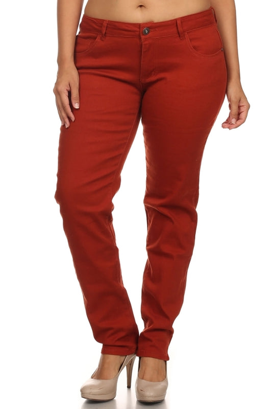 Plus Size Solid-Hue Cotton Stretch Skinny Jeans for Women with 5 Pockets - Rust