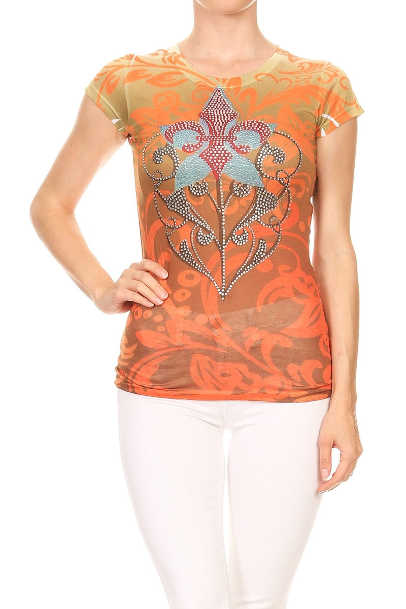 Juniors sublimation print top with rhinestones and lightweight fabric
