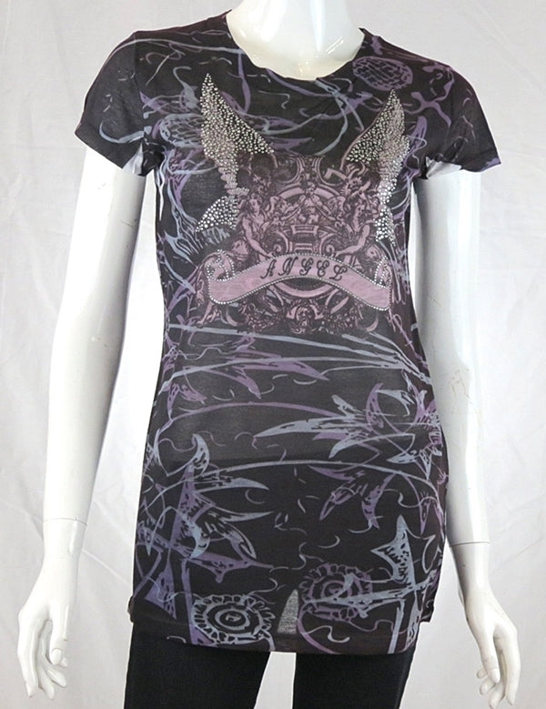 Lightweight sublimation print tee for juniors with rhinestone details
