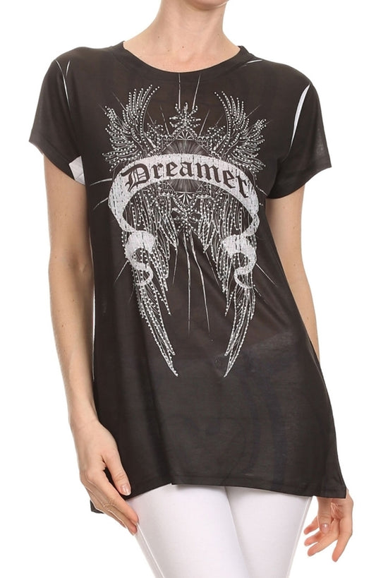 Rhinestone embellished sublimation print top for juniors in thin fabric