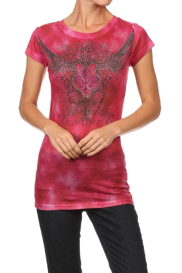 Airy thin-fabric juniors top with rhinestone accents and vivid sublimation print