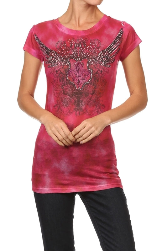 Airy thin-fabric juniors top with rhinestone accents and vivid sublimation print