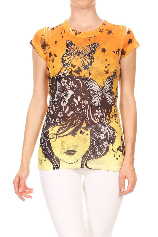 Trendy sublimation print juniors top with rhinestone decoration and breathable fabric