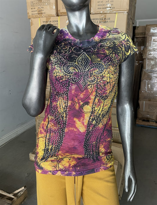 Stylish juniors thin fabric top featuring sublimation print and rhinestones